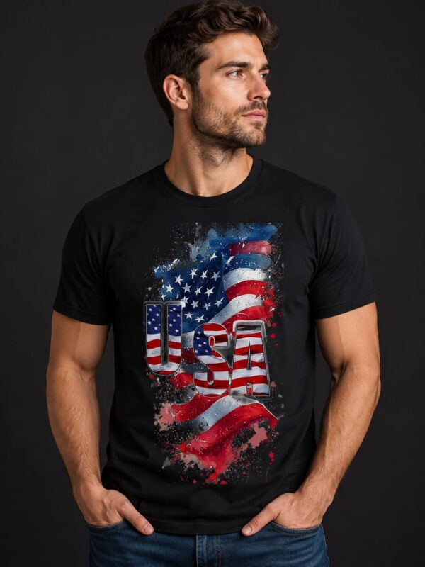 ​Men’s USA Flag Graphic T-Shirt – Premium Patriotic Splatter Print Tee (Black)