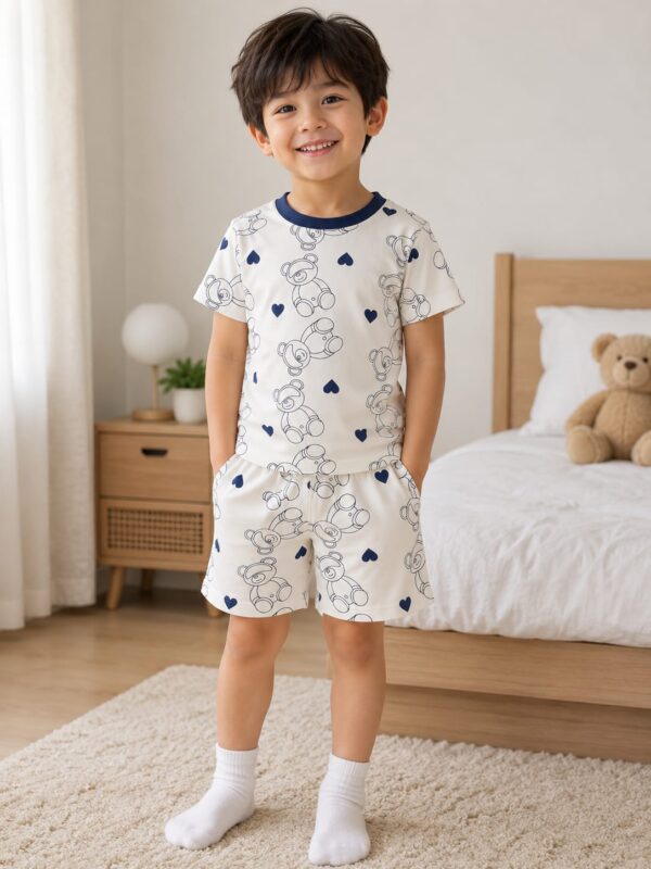 Kids Teddy Bear Printed Cotton Night Suit Set