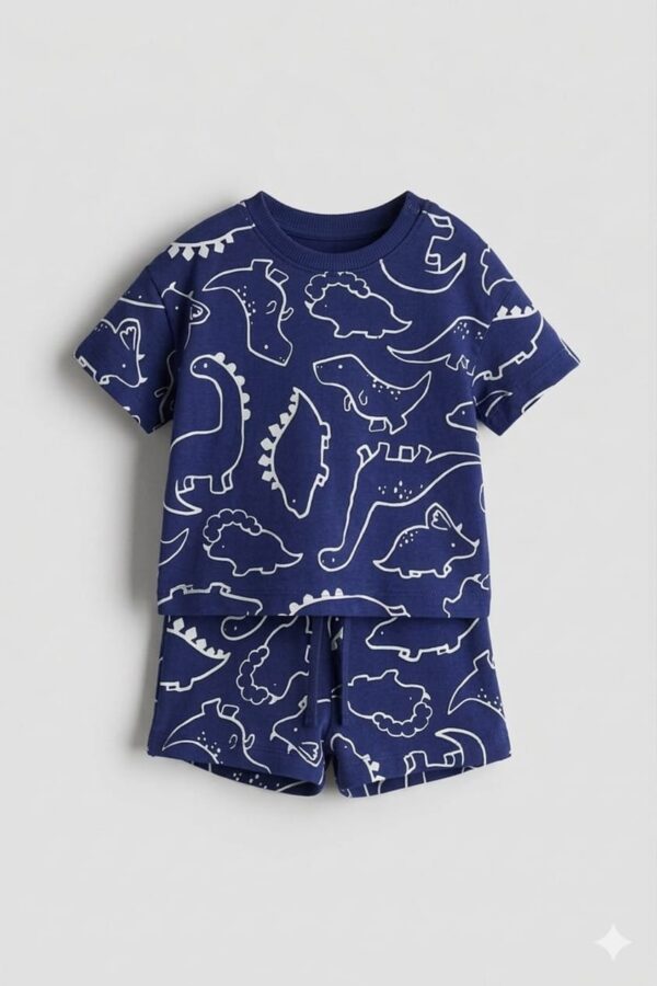 Kids navy dinosaur print T-shirt and shorts set.